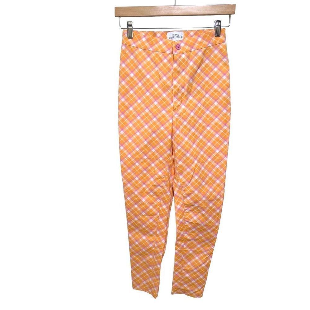 NWT Urban Outfitters High Rise Plaid Slim Fit Pants Retro Orange Pink White sz 4